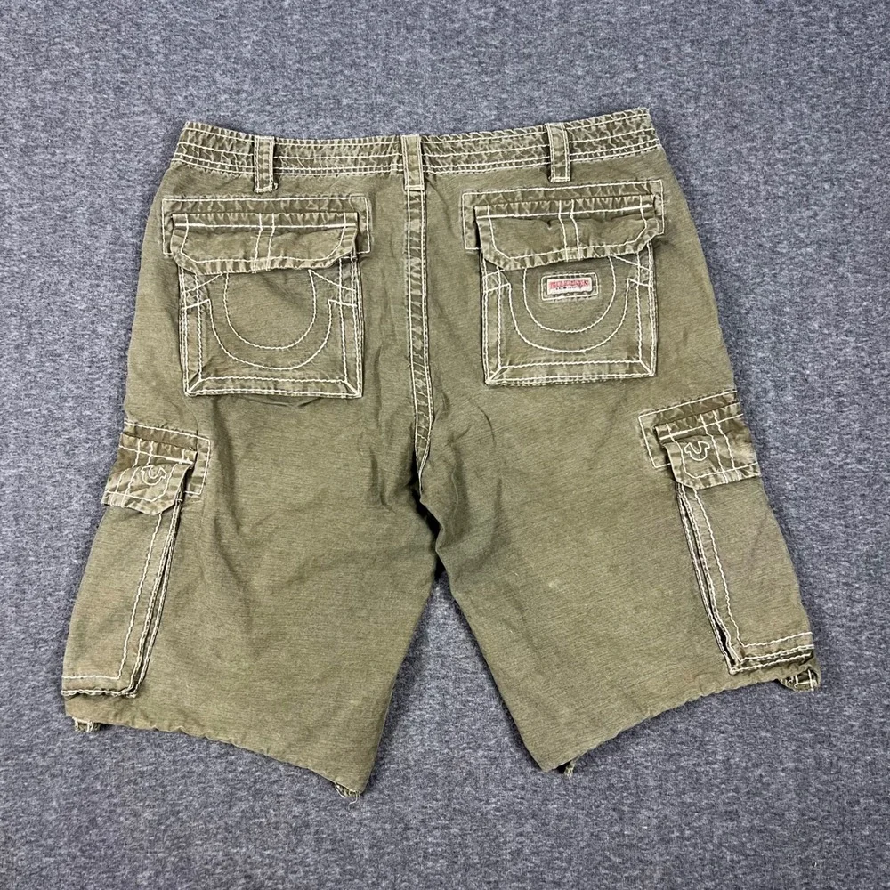 True Religion Isaac Cargo Shorts Mens 36 Green Big T Stitching Utility MAR841EH